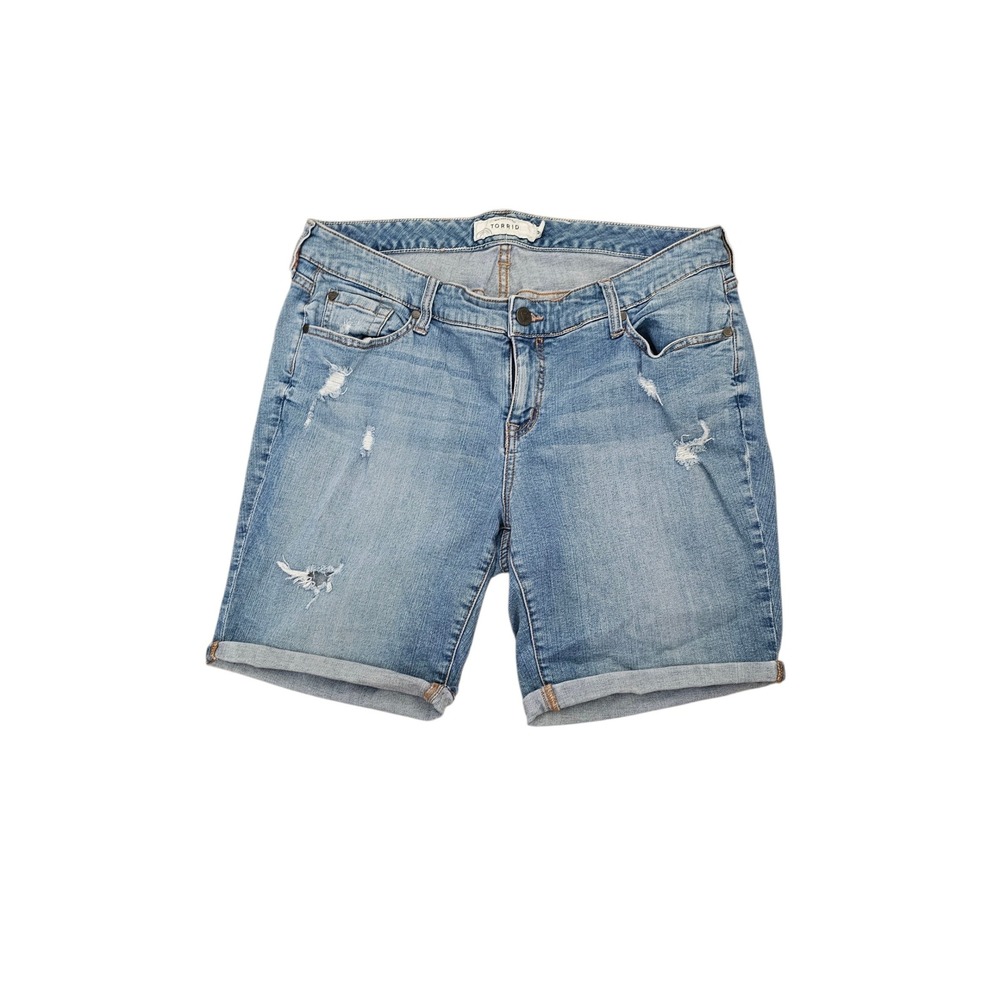 Torrid Womens Size 16 Distressed Denim Midi Shorts Medium Wash Cuffed Blue Jeans